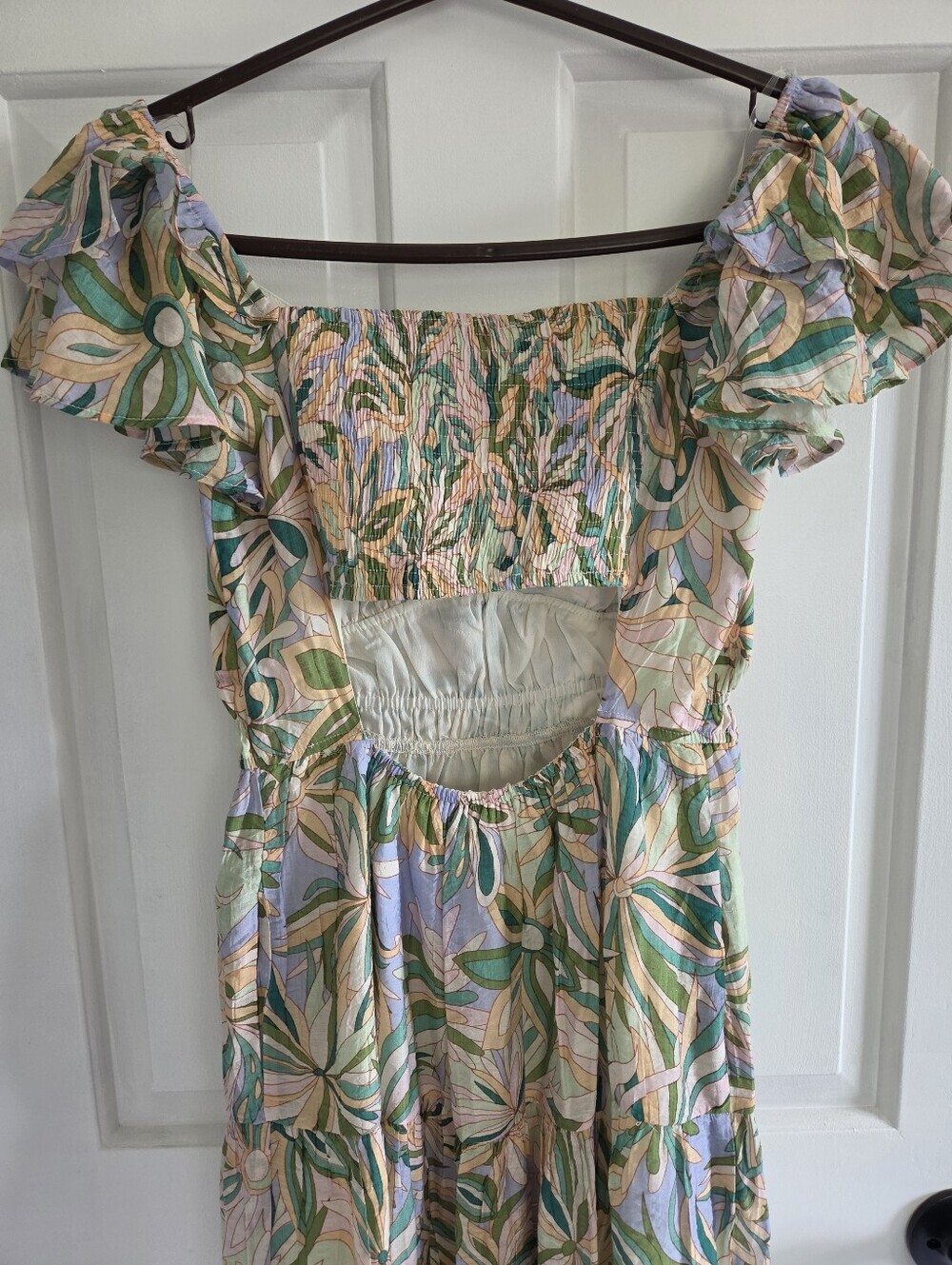 NWT &merci v neck flutter sleeve pastel floral tiered skirt cutout smock back S - Picture 10 of 14